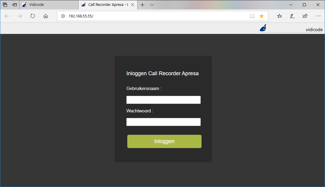 Inloggen opCall Recorder Apresa